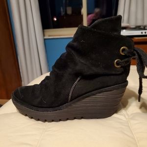 Fly London Yama booties ankle boot black suede scrunched back lace up platform 8